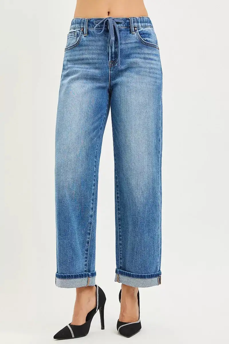 Elastic Waist Cuffed Hem Slouchy Jeans