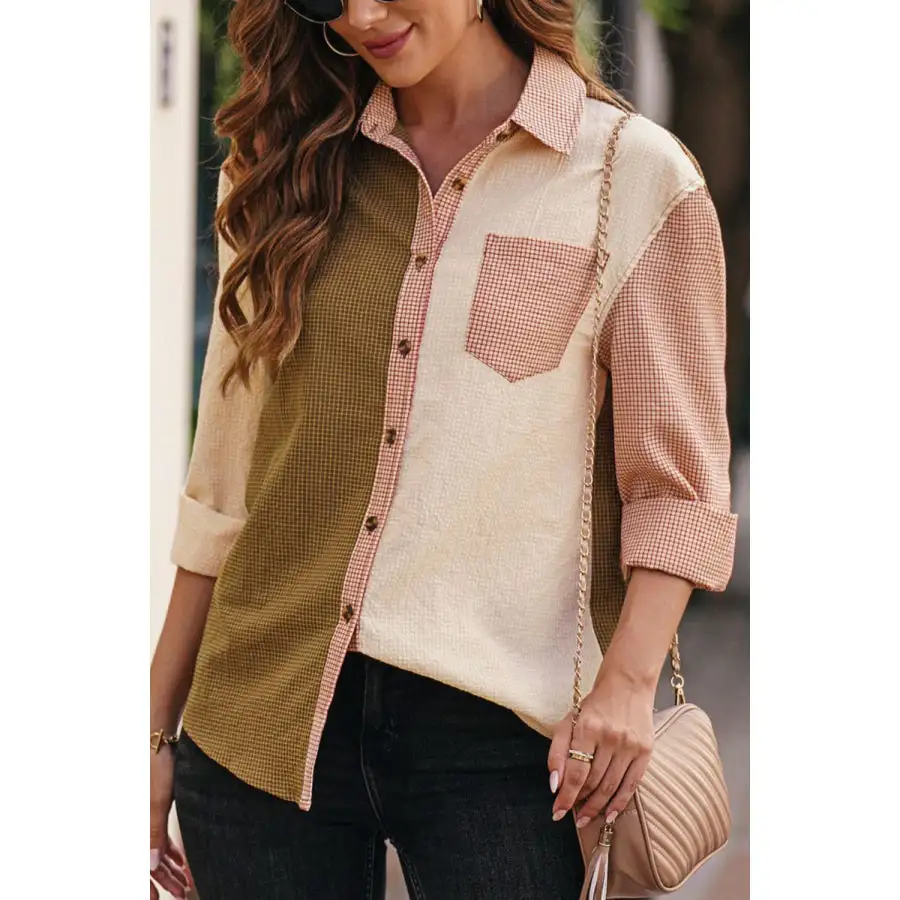 Contrast Plaid Button Down Long Sleeve Shirt