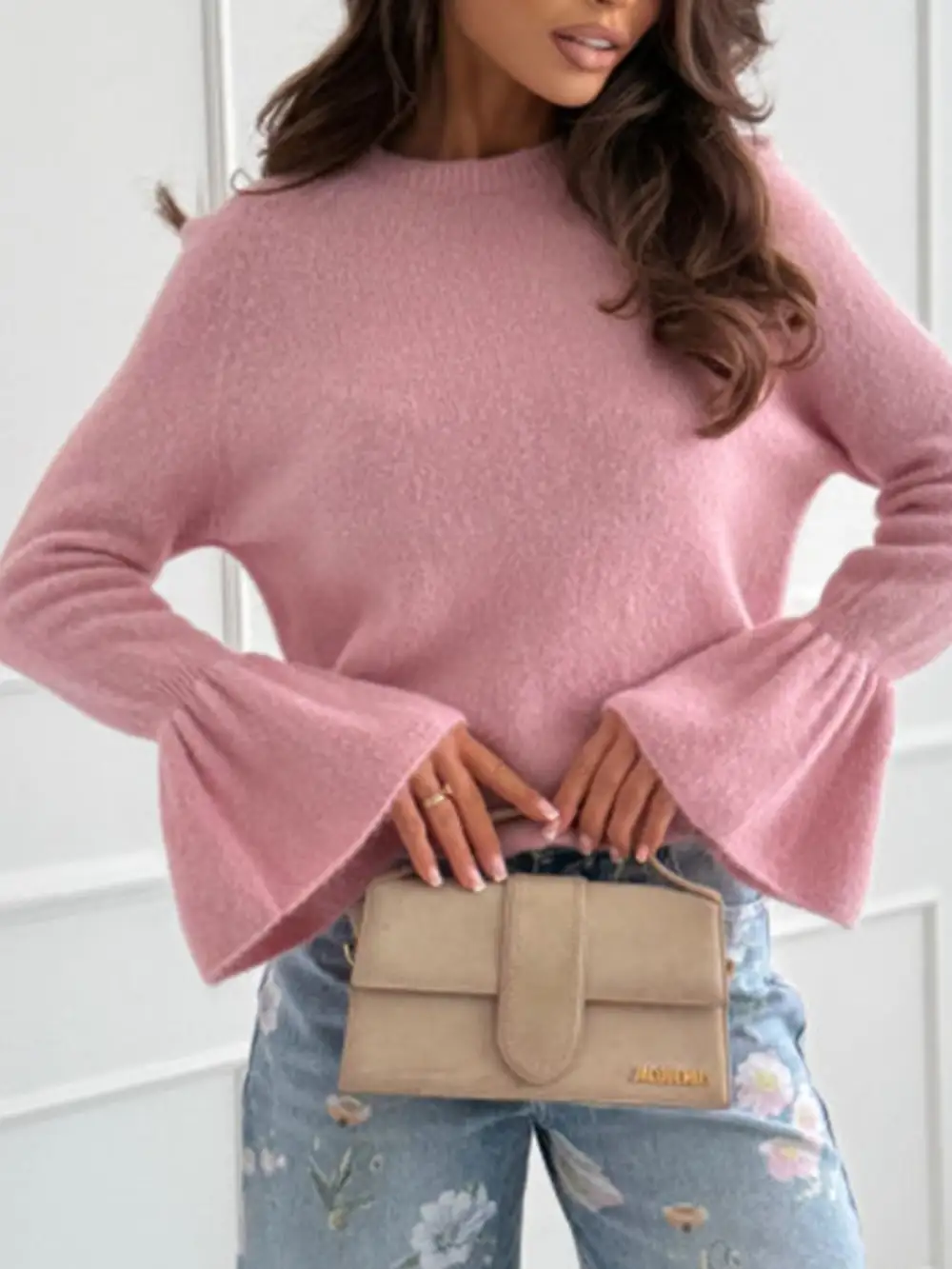 Round Neck Flounce Sleeve Sweater