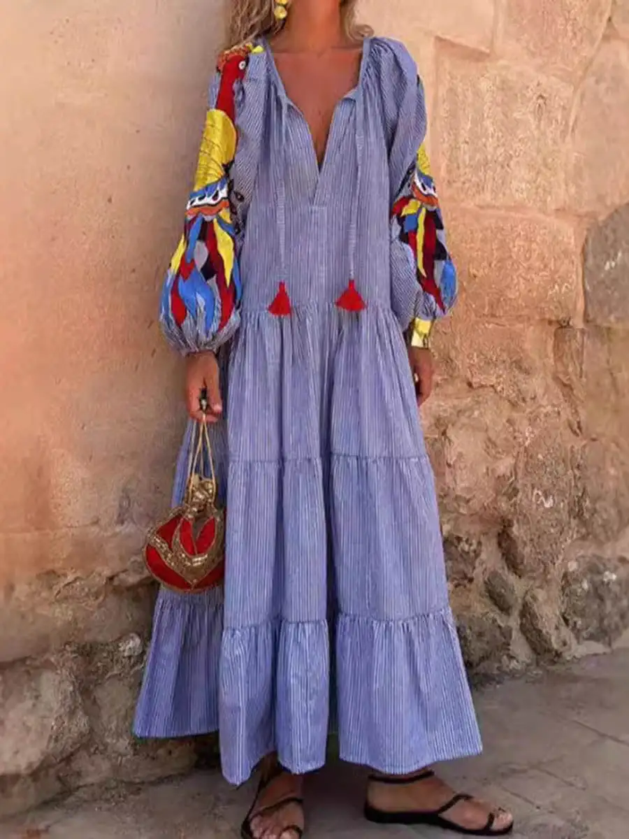 Pleated Printed Long Neck Maxi Dress
