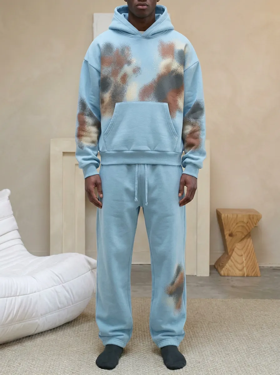 Men's Streetwear Olive Spray Paint Printed Hoodie Sweatpants Set
