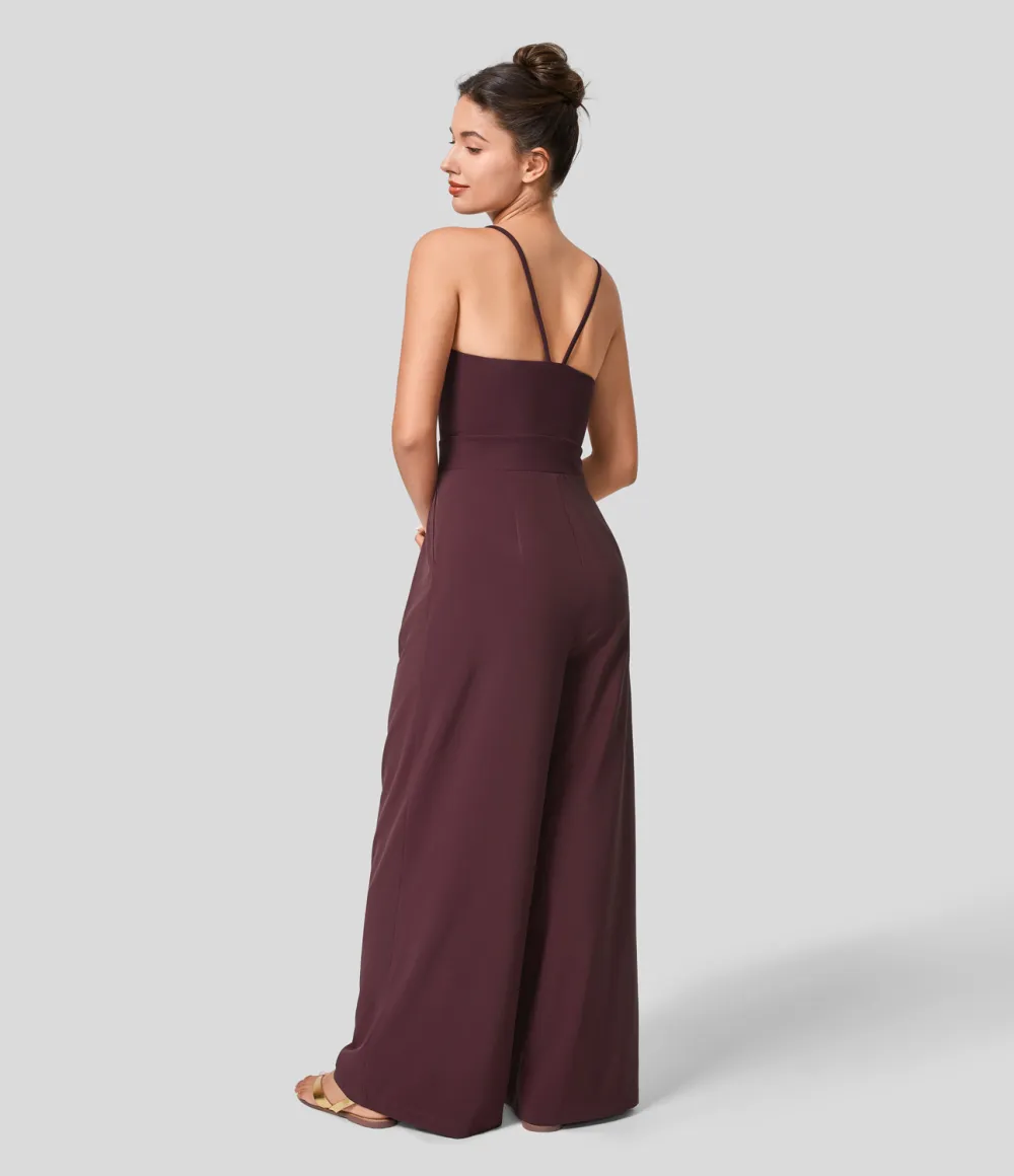 Breezeful Backless Side Invisible Zipper Pocket Wide Leg Quick Dry Resort Slip Jumpsuit