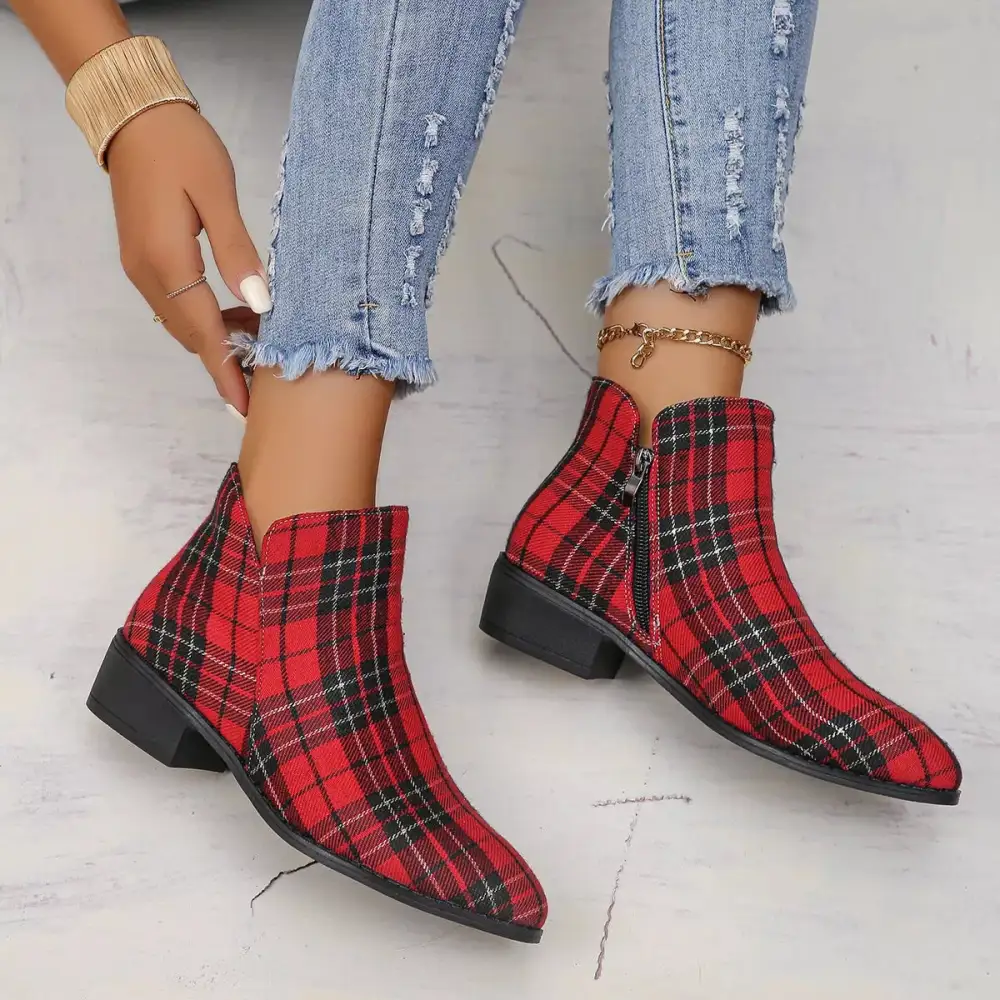 Plaid Pointed Toe Ankle Boots