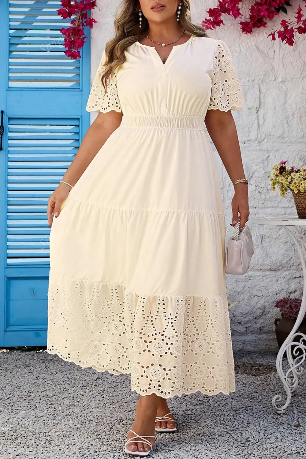 Classic Plus Fit V Neck Lacy Embroidery Patchwork Short Sleeve Maxi Dress