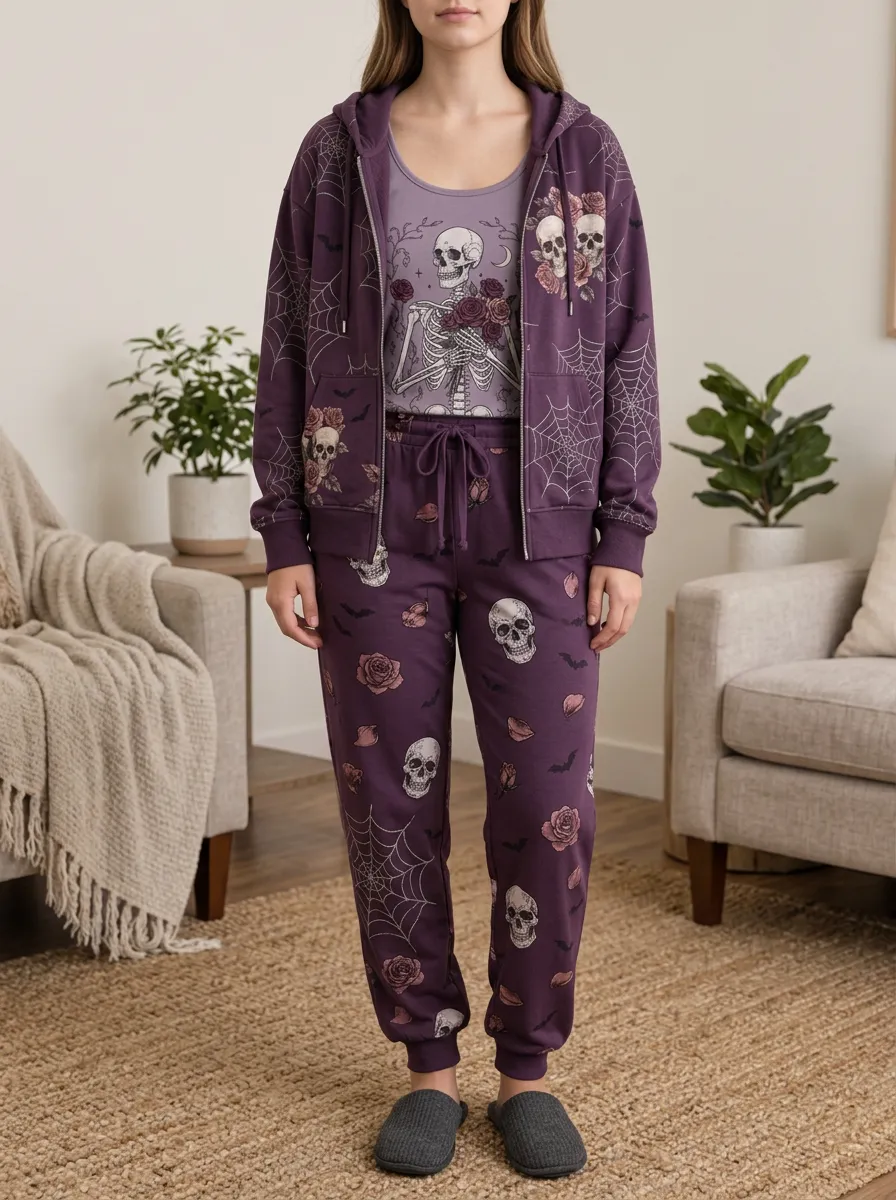 Women's Halloween Gothic Skull Rose Spiderweb Relaxed Lounge Set