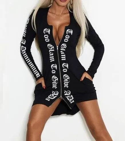 Letter Print Zipper Long Sleeve Mini Dress