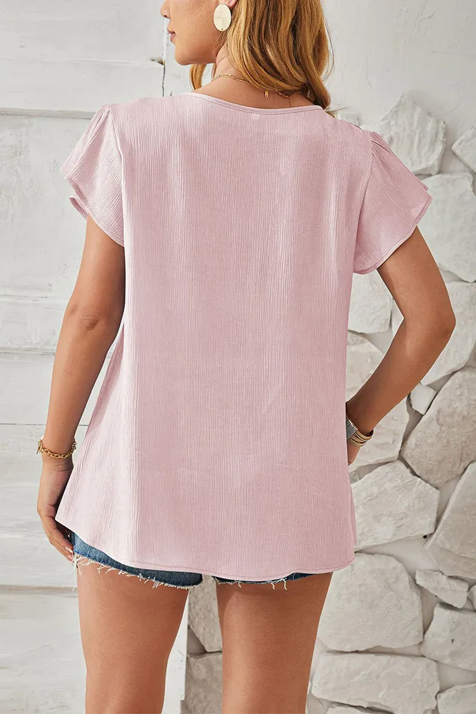 Texture V Neck Flare Sleeves Blouse