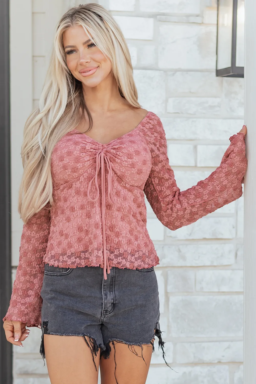 Peach Blossom Drawstring Knot Detail Blouse