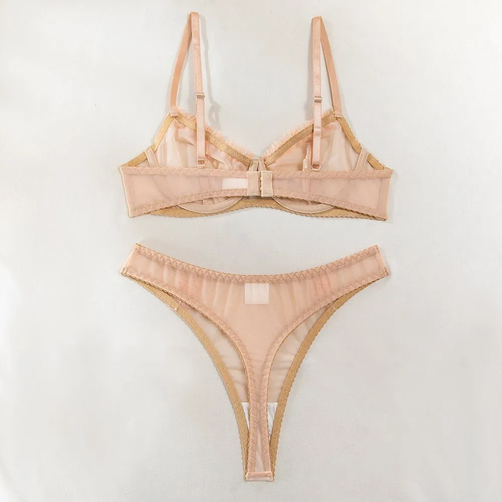 Pleated Mesh Lace Underwire Bra Set