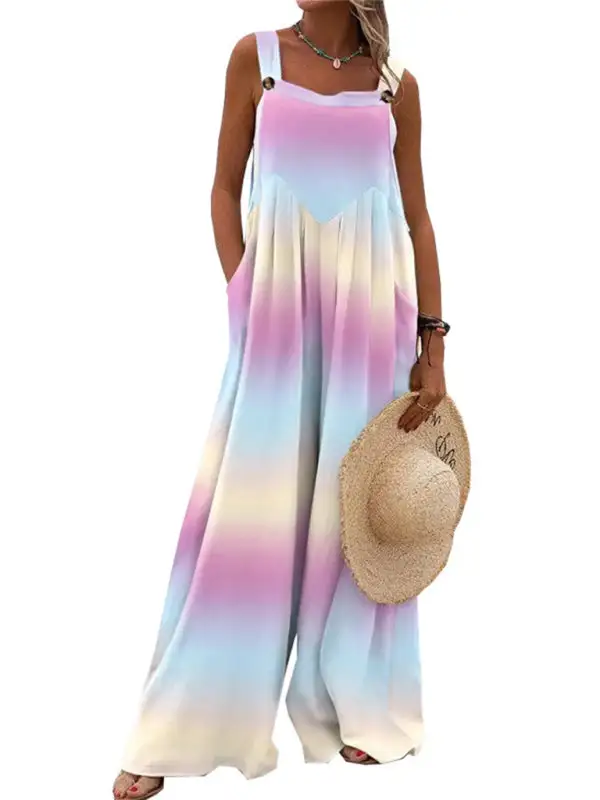 Printed Sleeveless Spaghetti Strap Jumpsuit Wide Accessory