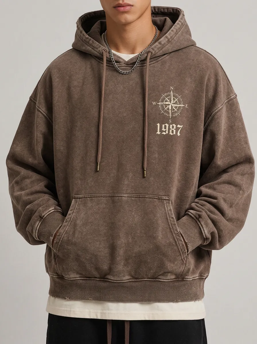 Men's Vintage Adventure Compass 1987 Printed Hoodie