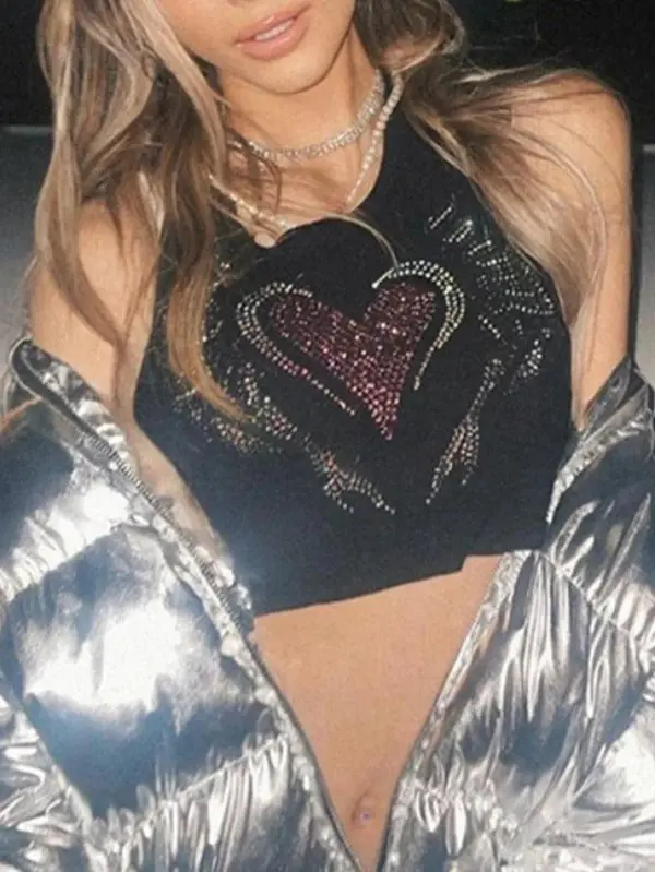 U-Neck Rhinestone Cropped Slim-Fit Tank Top