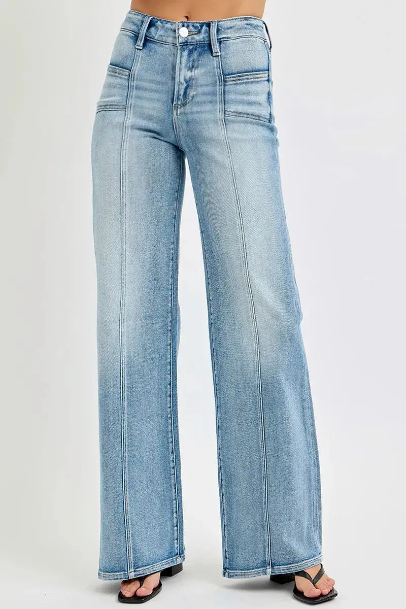 Casual Mid Rise Wide Leg Pocketed Denim Jeans