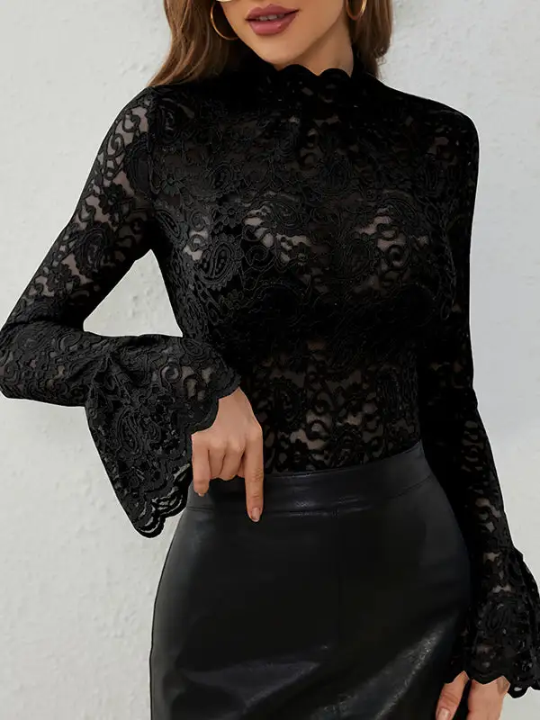 Sheer Panel Detail Mock Neck Flared Sleeve Long Sleeve T-Shirt