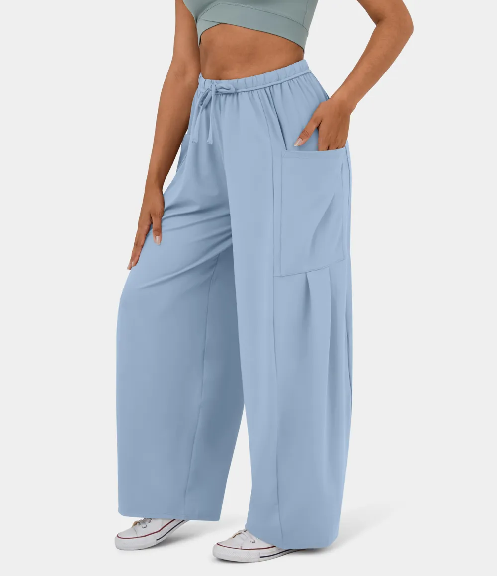 Mid Rise Elastic Waistband Drawstring Side Pocket Palazzo Flowy Wide Leg Casual Pants