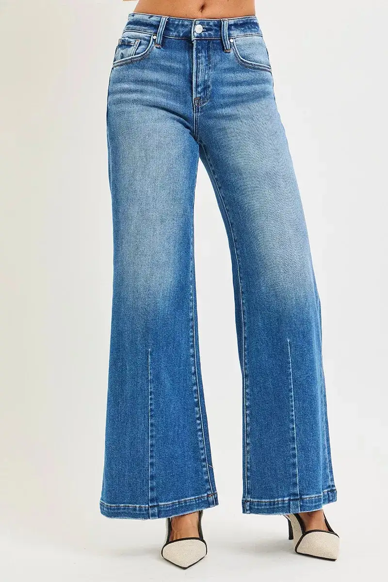 Relaxed Mid Rise Wide Leg Denim Jeans