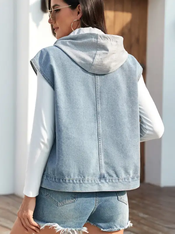 Drawstring Button-up Sleeveless Denim Jacket