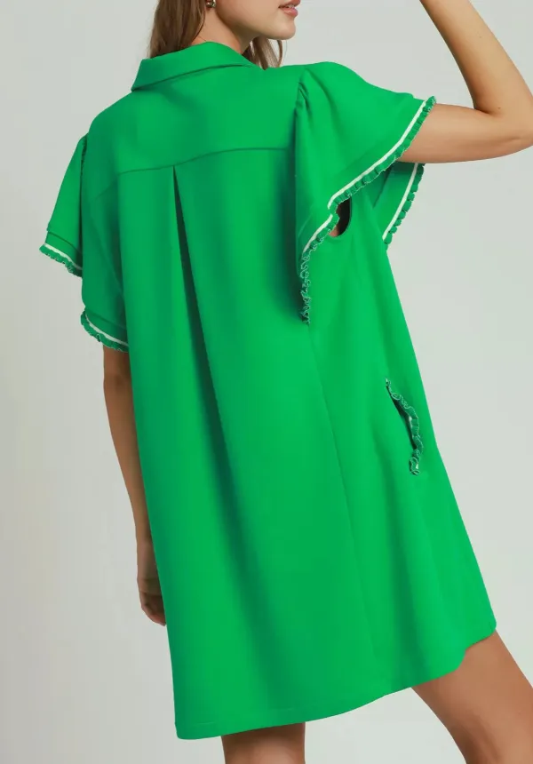 Half-Zip Butterfly Sleeve Pocketed Mini Dress