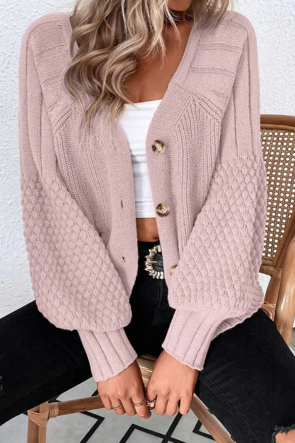 Textured Button Front V Neck Cardigan