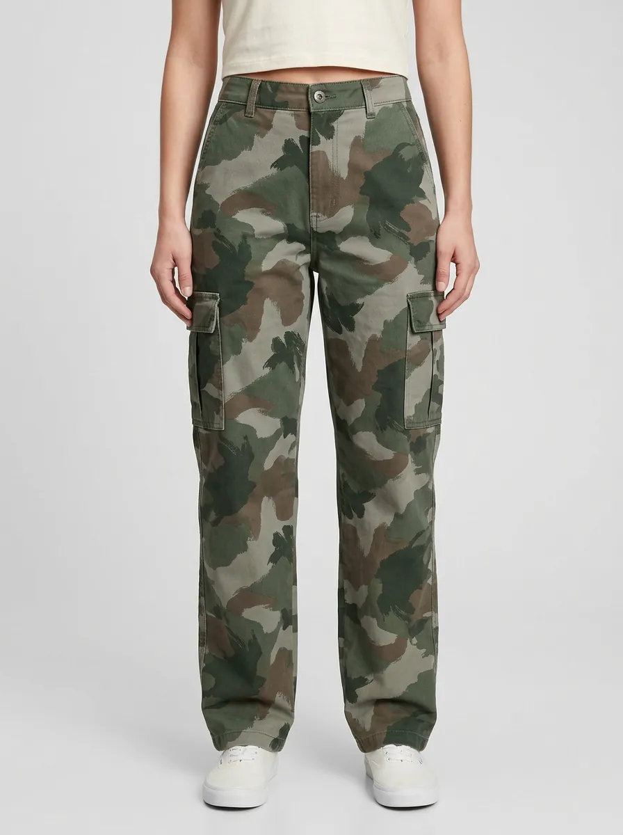 Women's Camouflage High-Rise Slant-Pocket Straight-Leg Cargo Pants