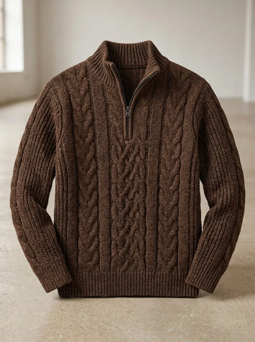 Men’s Ribbed Cable-Knit Quarter-Zip Smart-Casual Turtleneck Sweater
