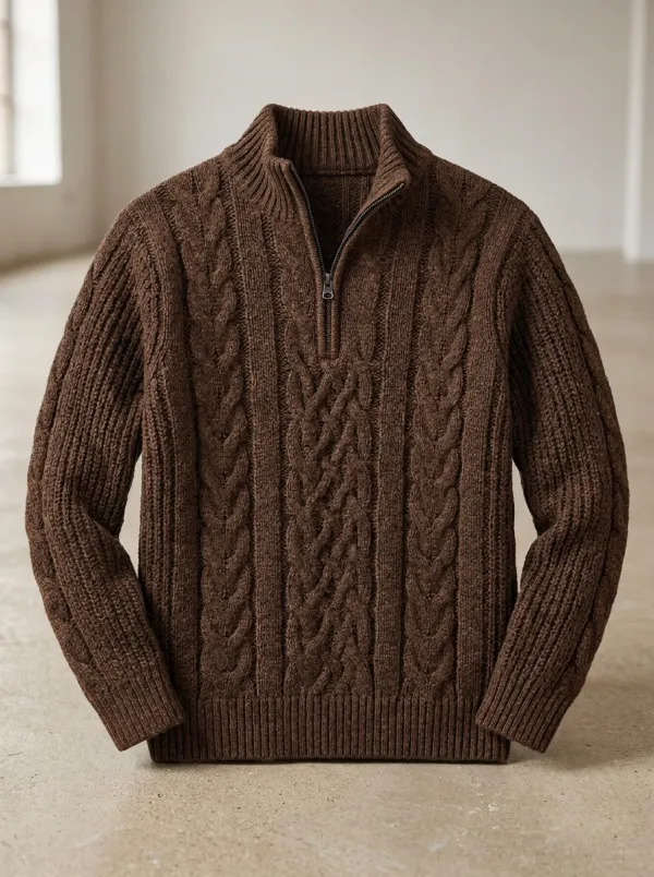 Men’s Ribbed Cable-Knit Quarter-Zip Smart-Casual Turtleneck Sweater