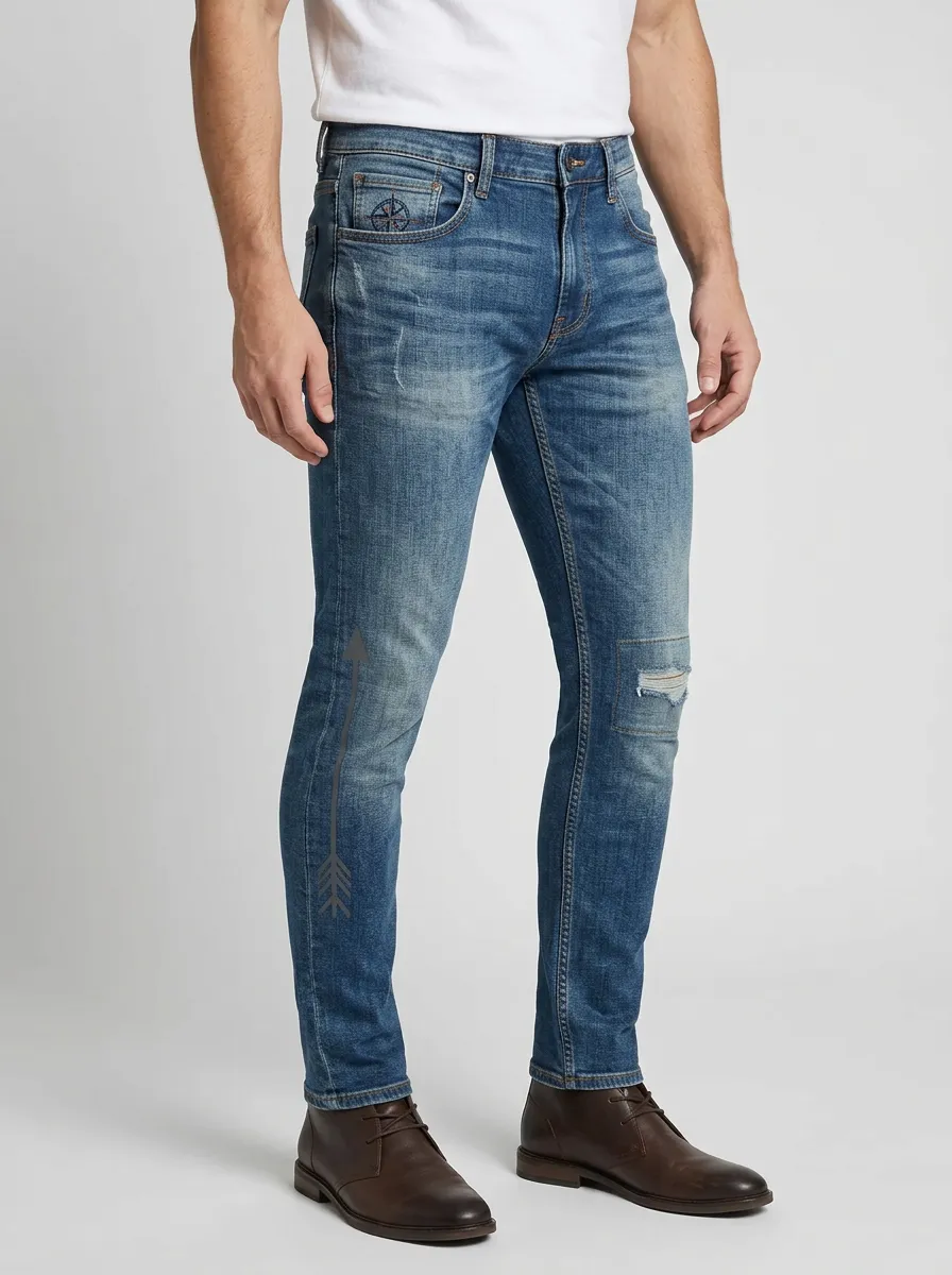 Men's Compass Arrow Distressed Printed Slim-Fit Jeans