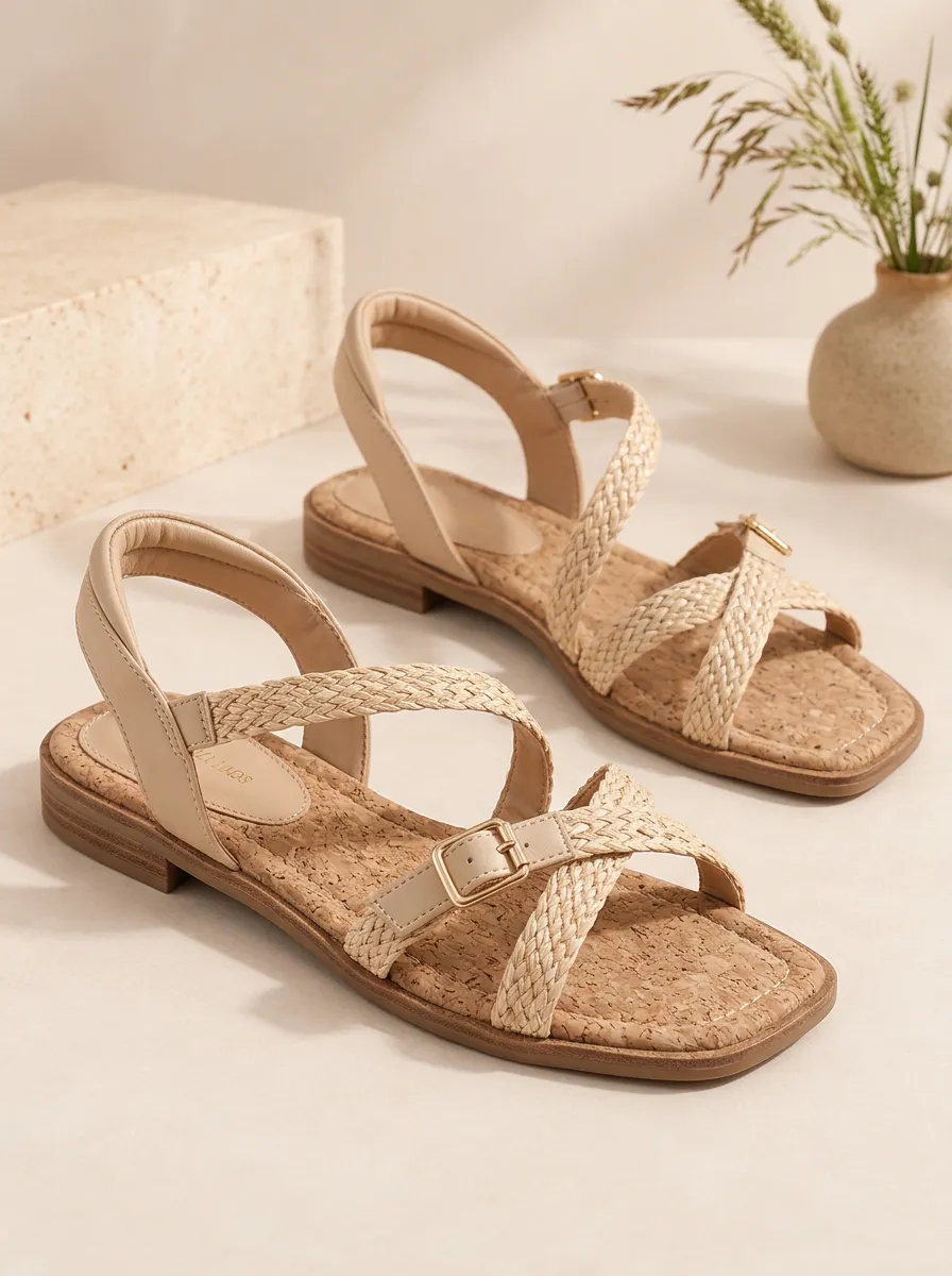 Women's Refined Braided Cork Detail Flat Sandals