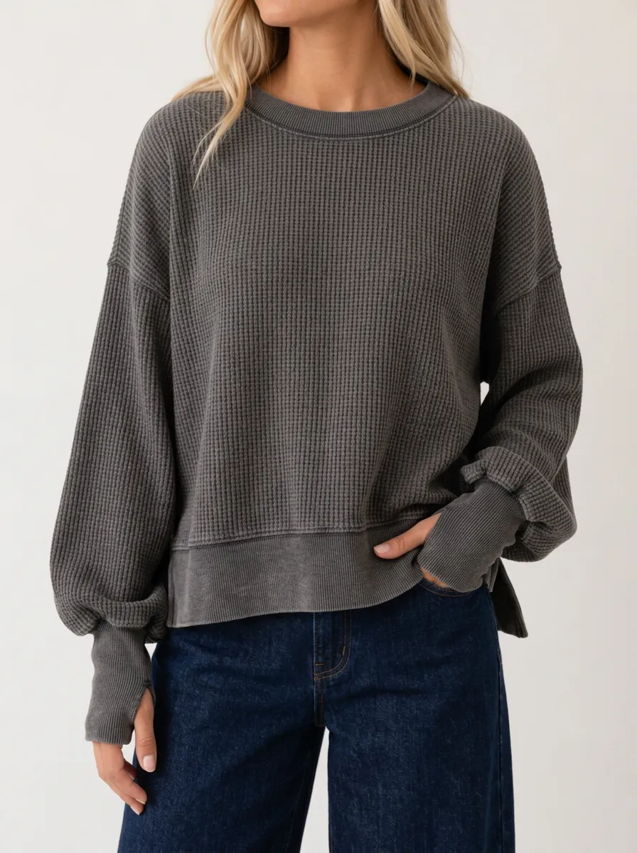 Relaxed Everyday Casual Charcoal Waffle Knit Long Sleeve Top