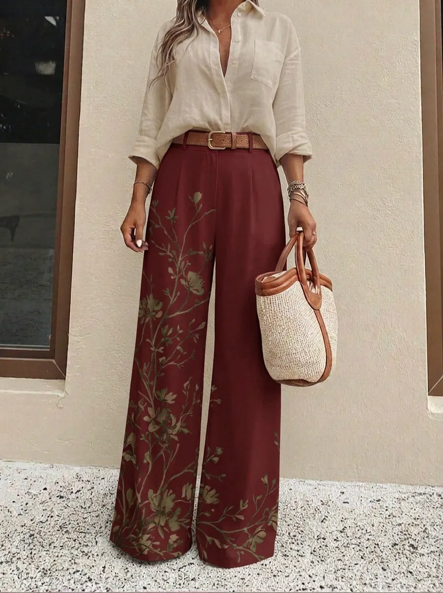 Women's Botanical Aesthetic Green Floral Patterned High-Waist Wide-Leg Pants