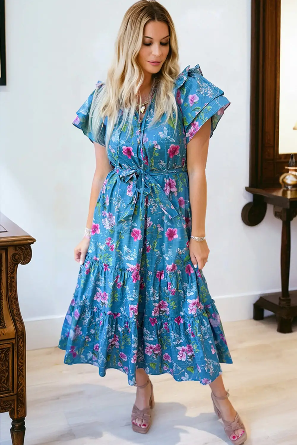 Floral Split Neck Tie Waist Dress Casual