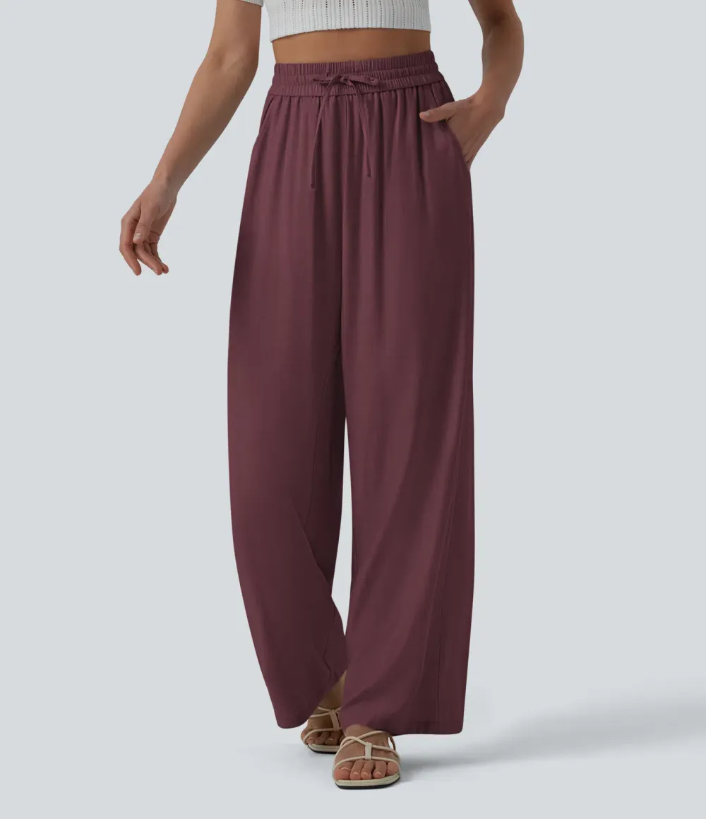 2026🔥High Waisted Drawstring Wide Leg Casual Linen-Blend Trousers with Pockets
