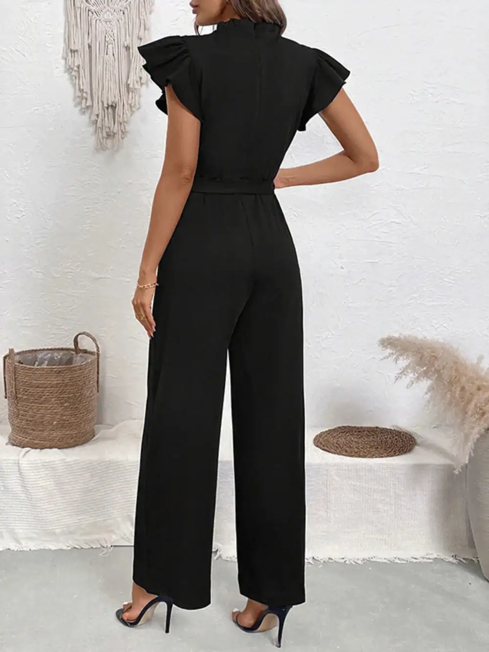 Pearl Detail Ruffled Cap Sleeve Jumpsuit Accessory
