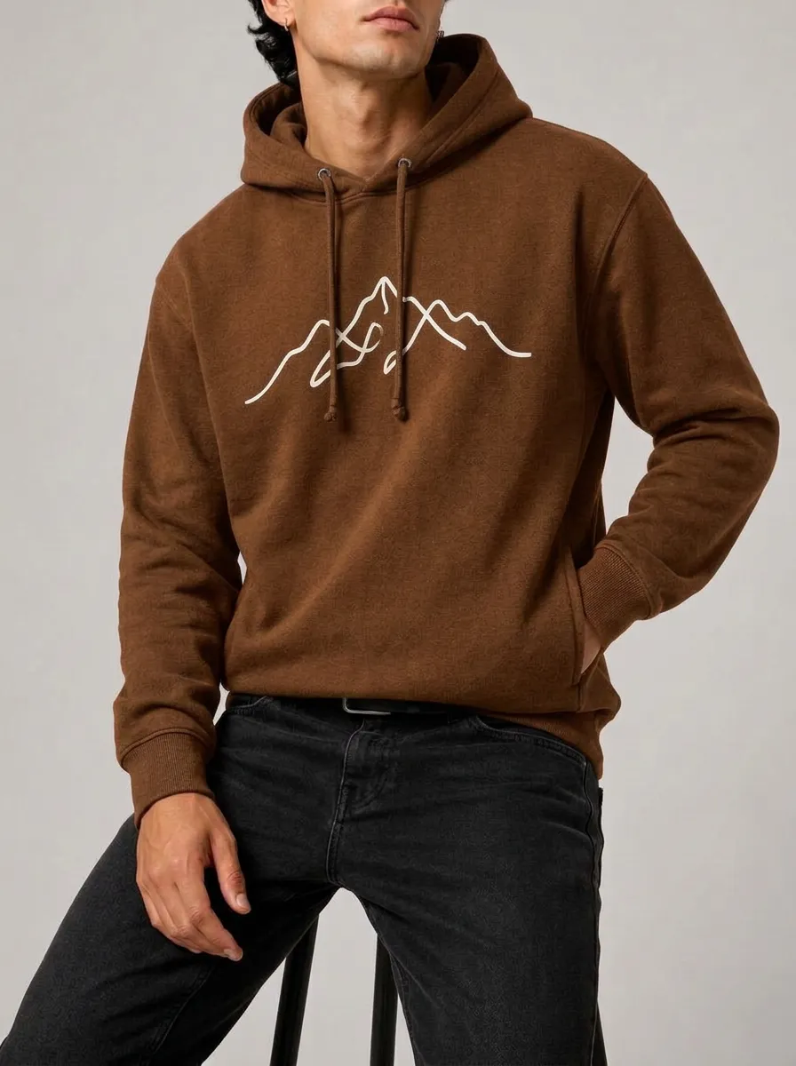 Men's Mountain Line Art Graphic Pullover Ribbed-Cuff Kangaroo-Pocket Hoodie