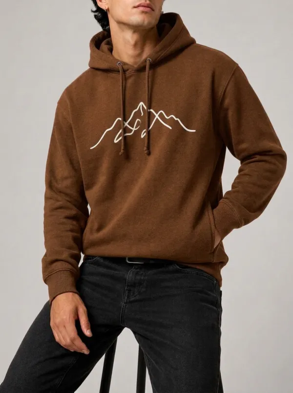 Men's Mountain Line Art Graphic Pullover Ribbed-Cuff Kangaroo-Pocket Hoodie