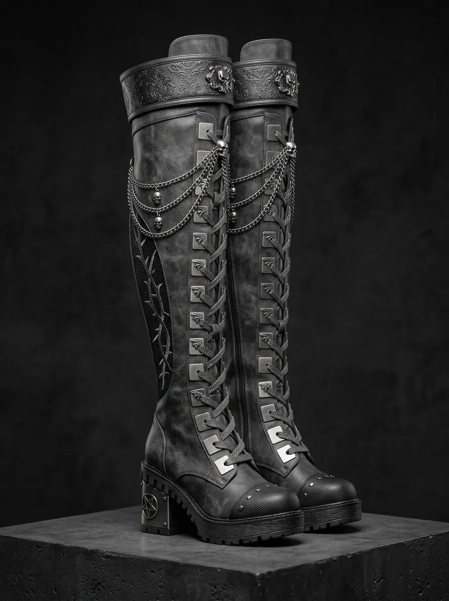 Gothic Revival Pentagram Skull Chain Collection Women's Gothic Platform Boots