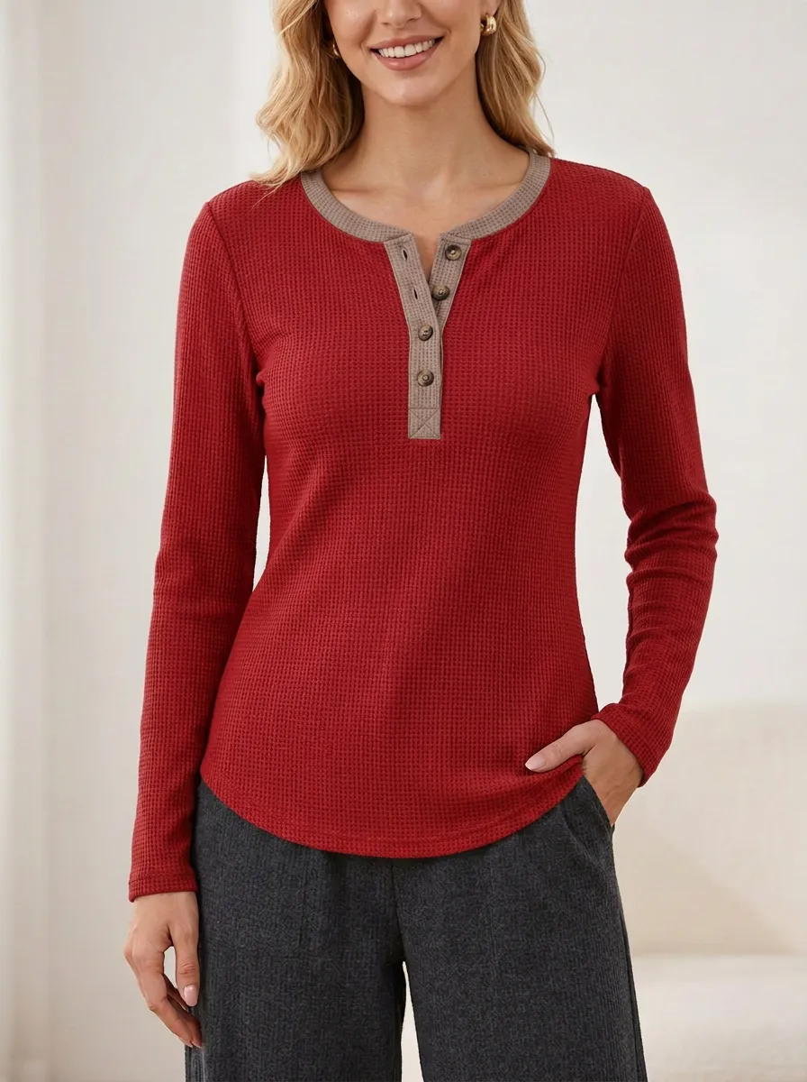 Women's Casual Waffle Knit Button Placket Long Sleeve Henley Shirt