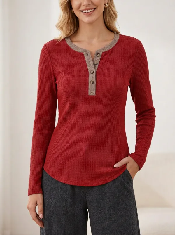 Women's Casual Waffle Knit Button Placket Long Sleeve Henley Shirt