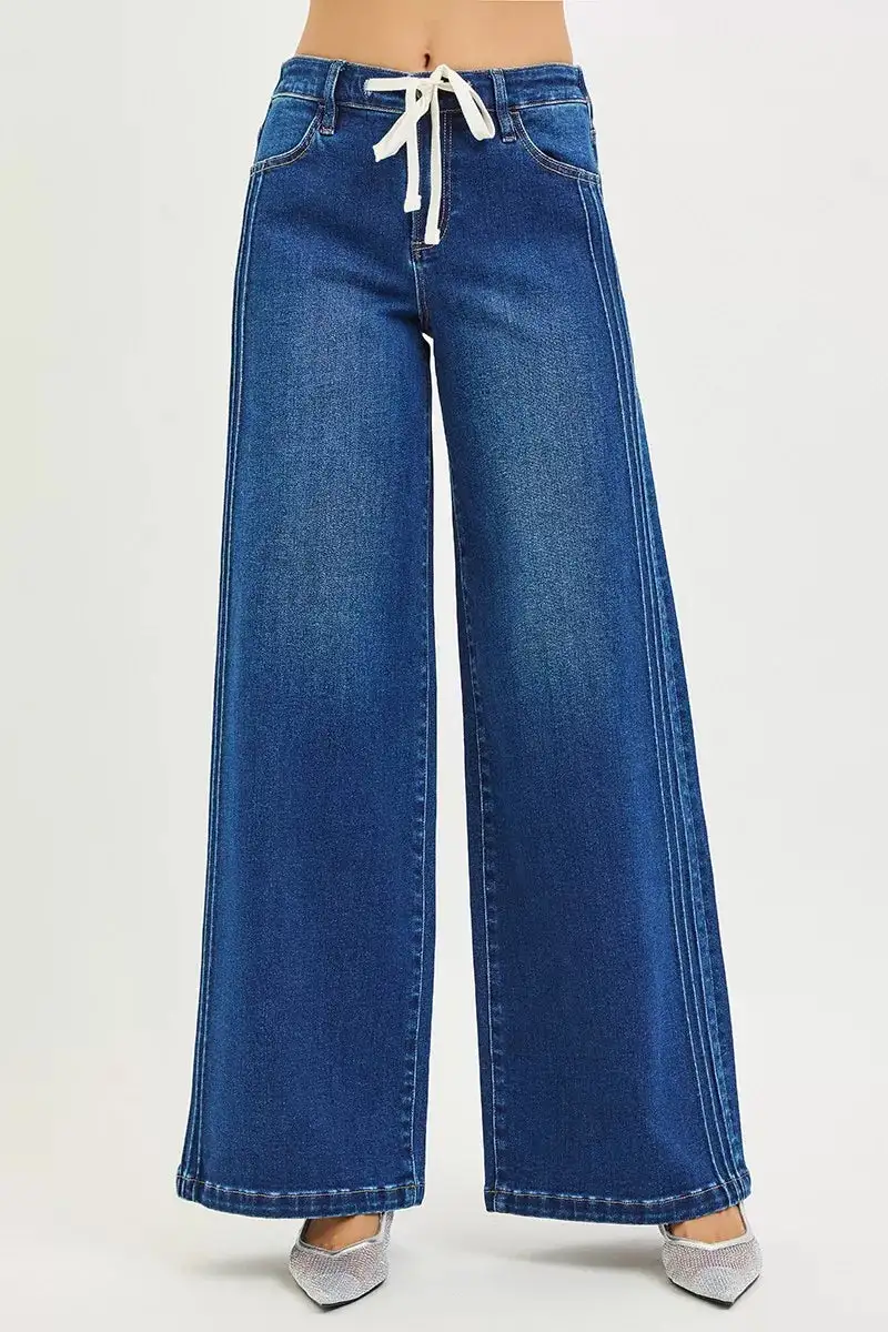 Mid Rise Drawstring Pintuck Jeans