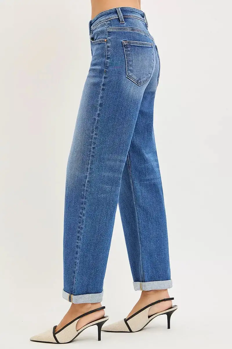 High Rise Cuffed Hem Straight Leg Jeans