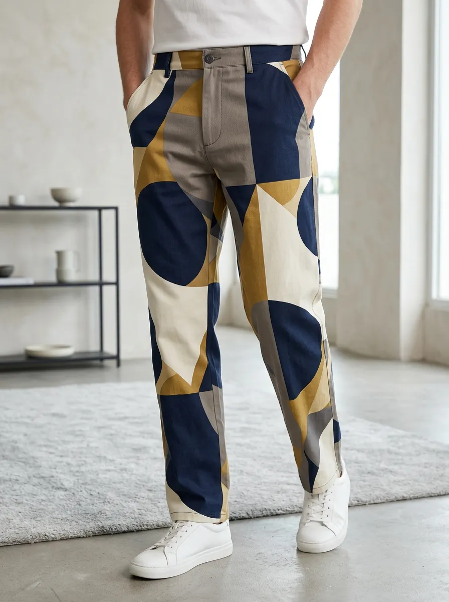 Men's Belted Geometric Print Trousers