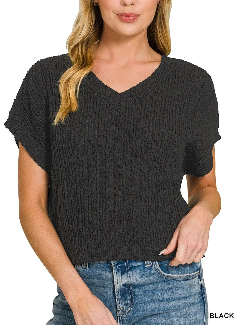 Textured Knit V-Neck Cropped Sweater
