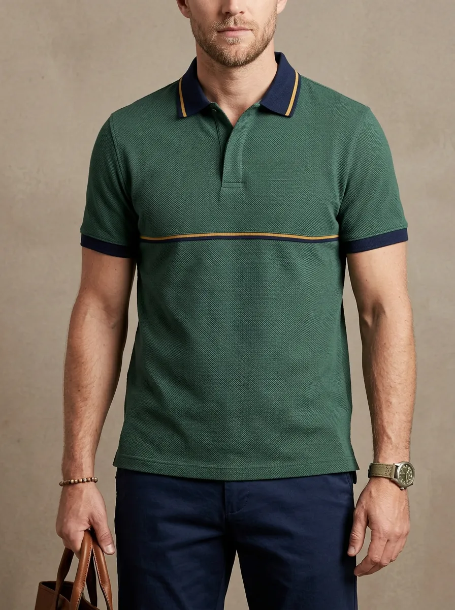 Men's Green Contrast Stripe Textured Printed Polo Shirt