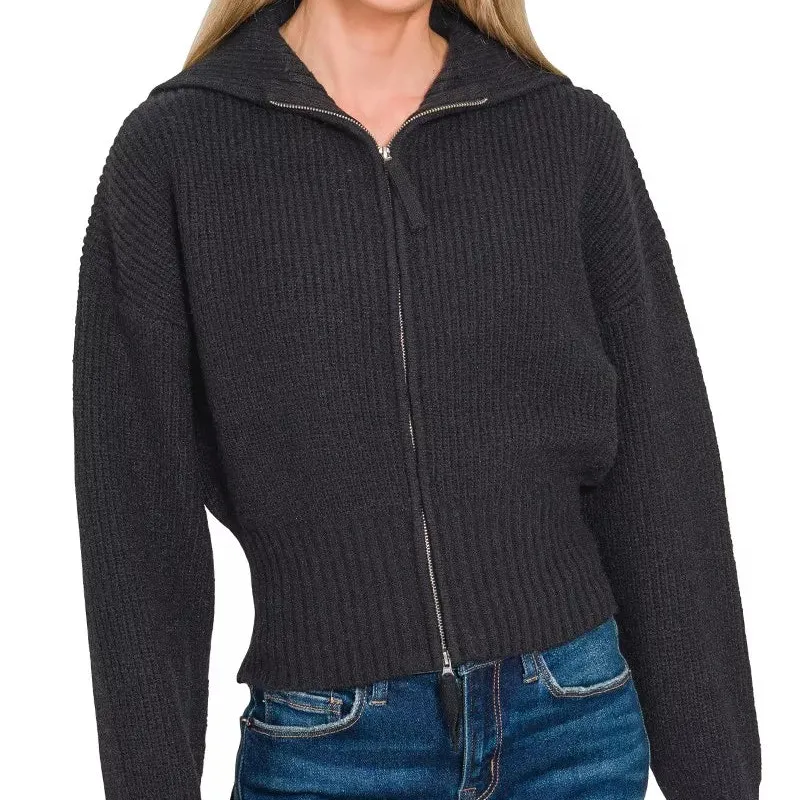 Classic Cropped Zip Up Ribbed Knit Cardigan