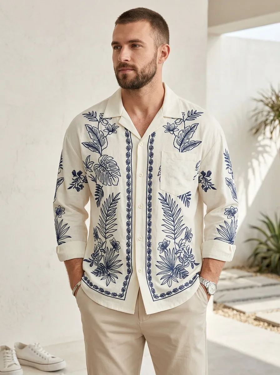 Men's Artful Botanical Printed Long Sleeve Shirt