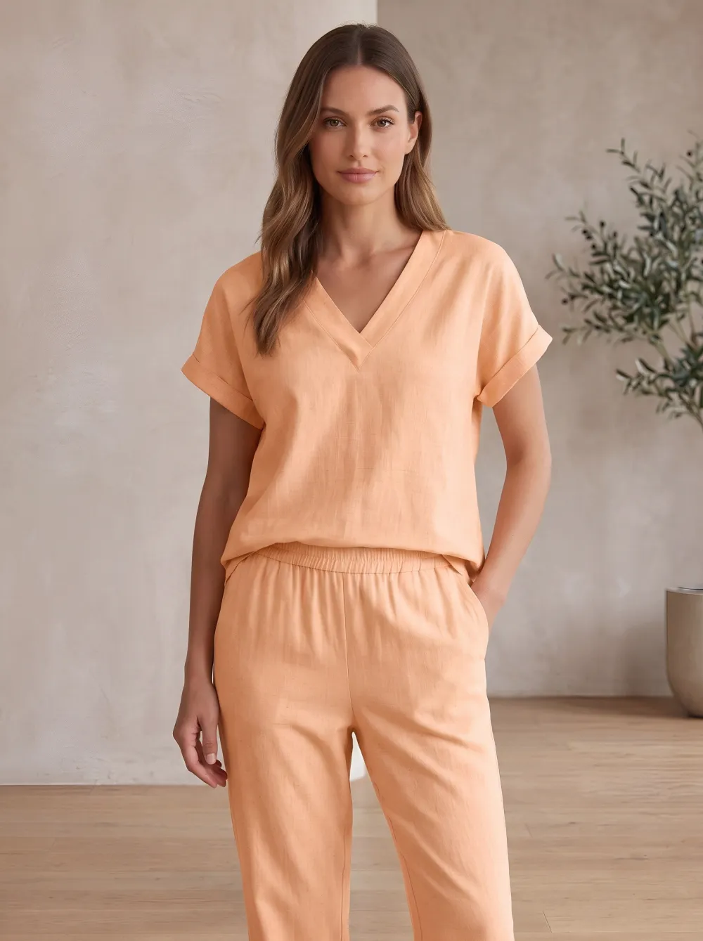 Relaxed V Neck Matching Pants Set