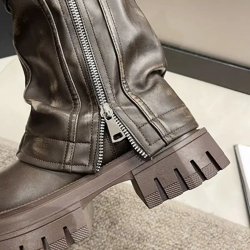 Combat Buckle-Detail Square-Toe Knee-High Boots