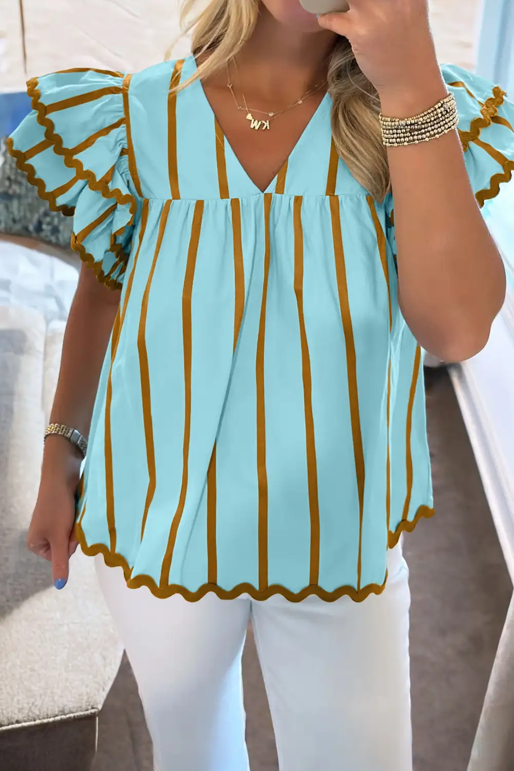 Women's Striped V Neck Ricrac Trim Top