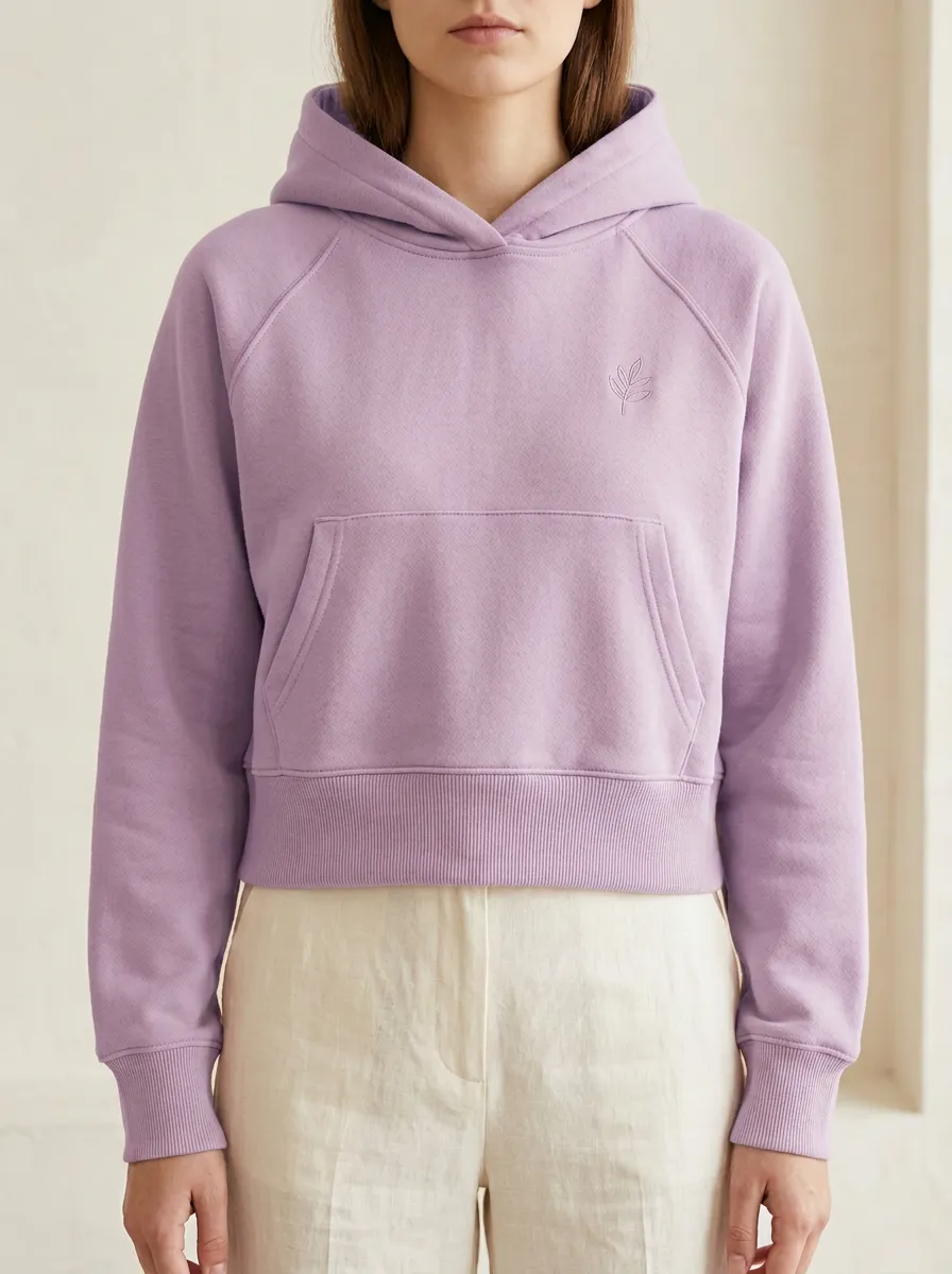 Women's Minimalist Leaf Logo Solid Pink Embroidered Hoodie