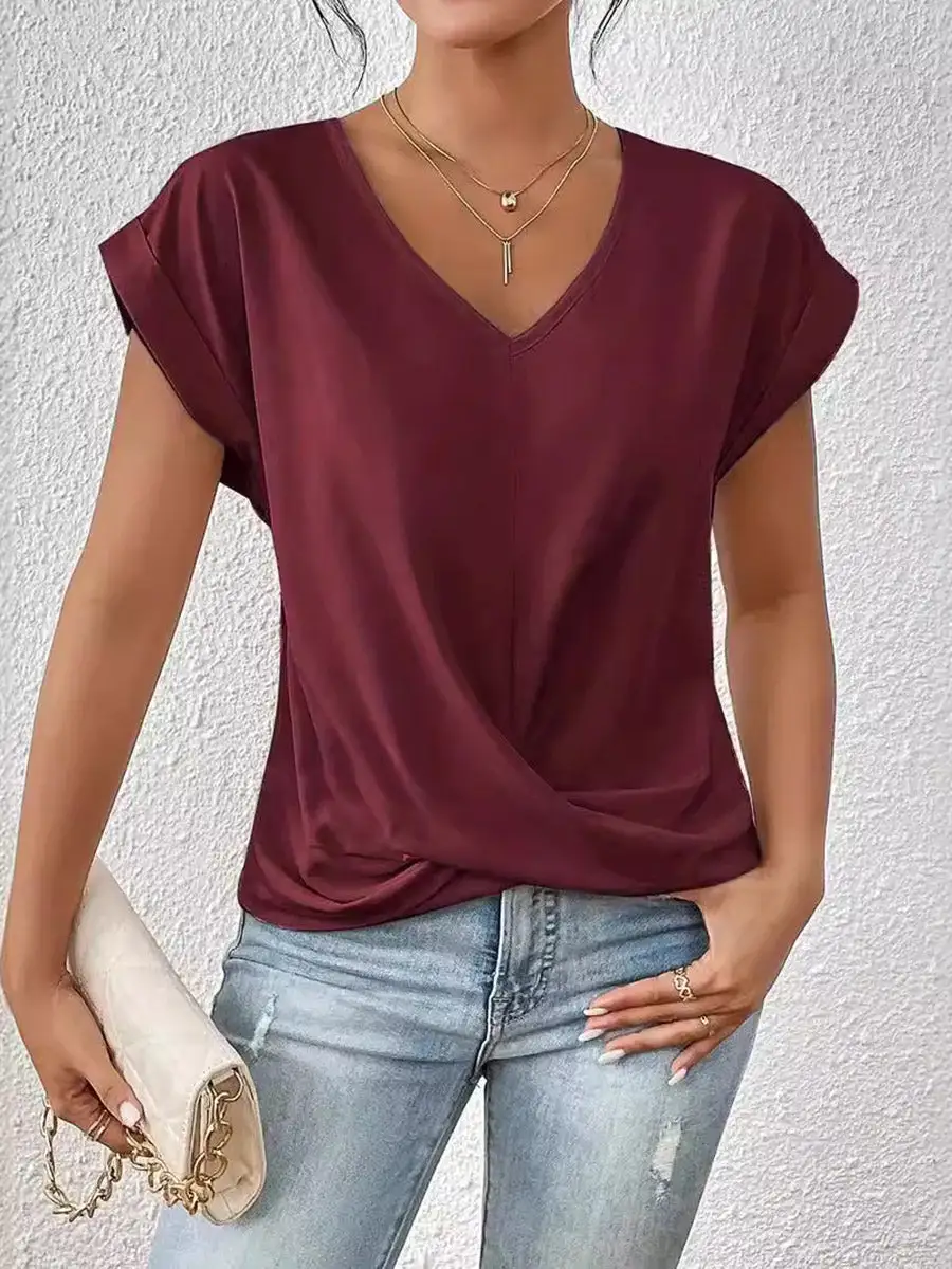 Relaxed Curve Fit Pleat Detail V-Neck Polyester T-Shirt